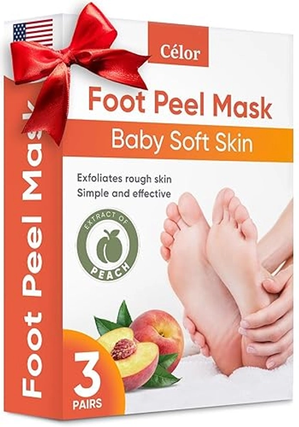 Foot Peel Mask (3 Pairs) - Foot Mask for Baby Soft Skin - Remove Dead Skin, Dry, Cracked Feet & Callus, Foot Spa, Made with Aloe Vera Extract for Women and Men Feet Peeling Mask Exfoliating, Peach