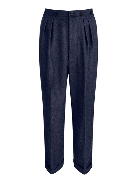 Herringbone Wool Trousers - 1940s Style Authentic Vintage Replica - Revival "Granville" Notch Back Trousers in Navy Blue - Retro Menswear