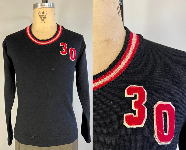 1930s Theodore&#39;s Lucky Number &quot;30&quot; Sweater | Vintage 30s Black Red and White Wool Knit Collegiate Pullover with Felt Year Patch | Medium