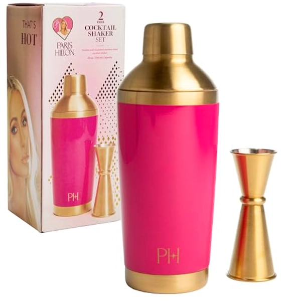 Paris Hilton 2-Piece Cocktail Shaker Set, Double Wall Insulated Stainless Steel Mixer with Built-In Strainer and Double-Sided Jigger, 20-Ounce, Gold and Hot Pink