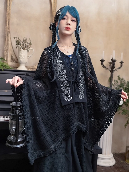 Tassel Hem Black Cheongsam Style Hollow-out Cape Cardigan with Detachable Seahorse and Coral Embroidery Collar