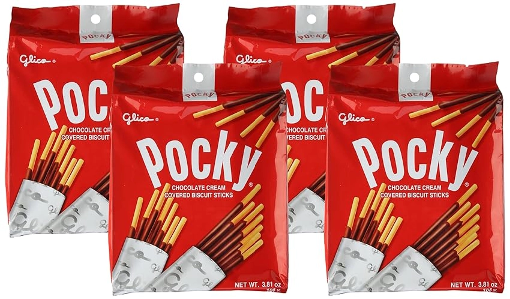 Glico Pocky, Chocolate Cream Covered Biscuit Sticks (9 Individual Bags), 4.13 oz (Pack of 4)