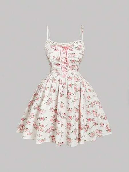 SHEIN MOD Floral Print Ruffle Trim Plus Size Camisole Mini Dress For Women,Romantic Lace, Pink Straps,
Afternoon Tea Dress