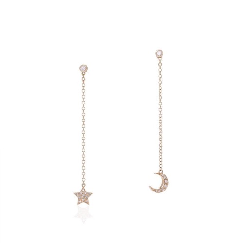 Mismatched Moon and Star Dangle Earrings - 14K Rose Gold