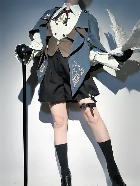 [$94.00]Little Detective Vibes Ouji Lolita Full Set - Long Sleeves Shirt + Cape + Brown Waistcoat + Black Shorts