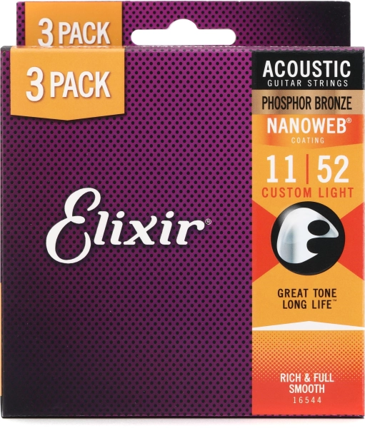 Elixir Strings 16544 Nanoweb Phosphor Bronze Acoustic Guitar Strings -.011-.052 Custom Light 3-pack