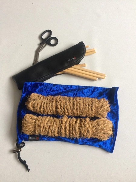 Sadistic rope set containing coconut rope, rattan canes safety shears. Shibari evil scratchy nasty rope for submissive women men BDSM sub