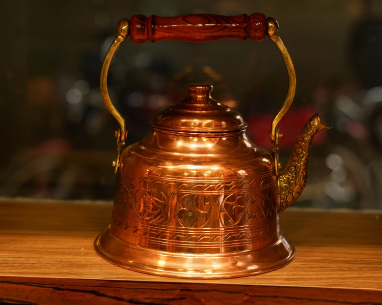 Hand Embroidered Copper Camping Teapot: 1.6qt Vintage Kettle