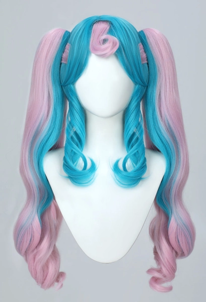 Vocal PM Cosplay Wig Long Curly Blue-Pink Double Tail Wig