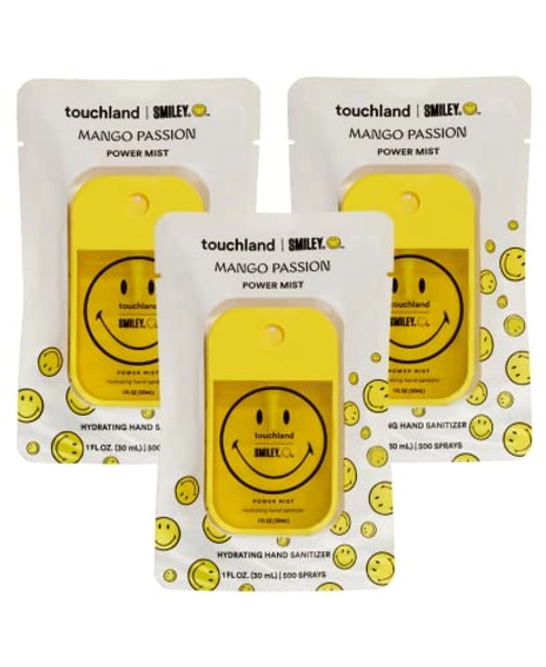 Touchland x Smiley® Hydrating Hand Sanitizer Spray, 3 x Limited Edition Mango Passion Scented Mists, 500-Sprays each, 1FL OZ (Set of 3)