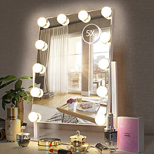 HIEEY Hollywood Vanity Mirror with Lights, Makeup Mirror with 12 Dimmable Bulbs Lights, Three Color Lighting Modes, and 5X Magnification Mirror, Smart Touch Control, 360°Rotation (White,Gift Box) - White-12 Bulbs