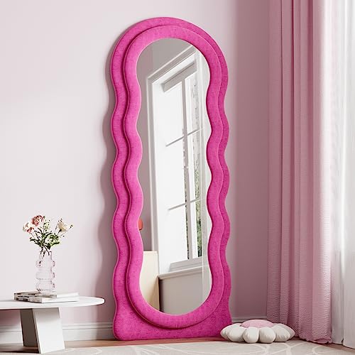 Dewfig Full Length Mirror, 63" x 24"Irregular Wavy Mirror, Large Floor Length Mirror Wall Mounted, Standing Wavy Mirror with Flannel Wrapped Wooden Frame for Bedroom/Living Room, Hot Pink - Wavy Mirror - Pink