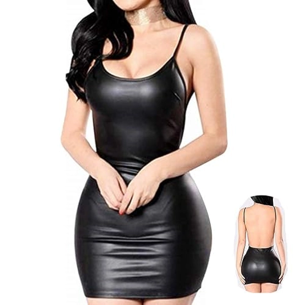 Women Latex Dress Sleeveless V-Neck Clubwear Party Backless Leather Lingerie