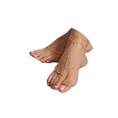 Aularso 2PCS Boho Beaded Foot Chain Layered Barefoot Sandals Summer Beach Ankle Chain for Women(Gold) - Gold