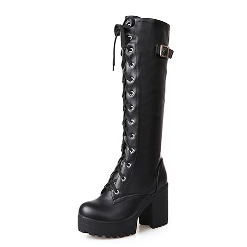 'Long Night' Black Goth Knee High Lace up Boots - black shoes / 7