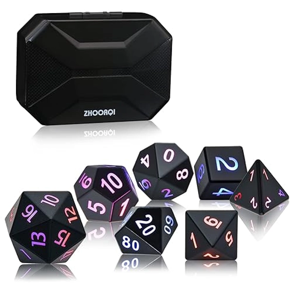 DND Dice Set Rechargeable with Charging Box, ZHOORQI 7 PCS LED Electronic Dice, Dungeons and Dragons Dice Polyhedral Dice Sets for Tabletop Game D&D Dice MTG Pathfinder Role Playing Game(3Color-Black)