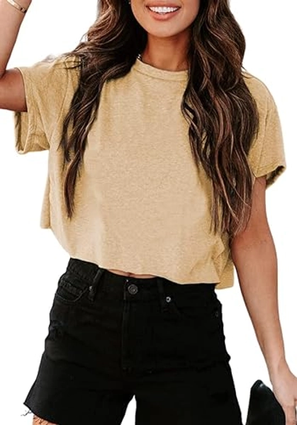 Tankaneo Women Short Sleeve Cropped T-Shirts Crew Neck Loose Crop Tops Summer Casual Drop Shoulder Basic Tees