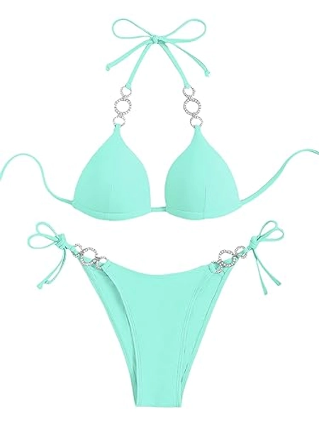 WDIRARA Women's Rhinestone Push Up Halter Bikini Set Swimsuit Two Piece Tie Side Bathing Suit