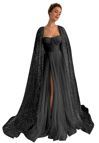 BOLENSYE Sparkly Starry Tulle Prom Dresses with Cape Sweetheart Long Ball Gown Formal Evening Dress for Women