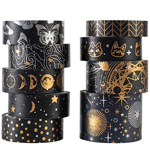 YUBBAEX Mystic Gold Washi Tape Set Wide Silver Foil Masking Tape Decorative for Arts, DIY Crafts, Journal Supplies, Planners, Scrapbook, Card/Gift Wrapping (Dark Night)