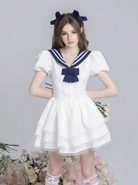 1pc New Arrival Sweet Lace Trim Navy Style Princess Dress Set, Suitable For Daily Outings, Photo Shoots, Graduation Season And Other Sweet Outfits