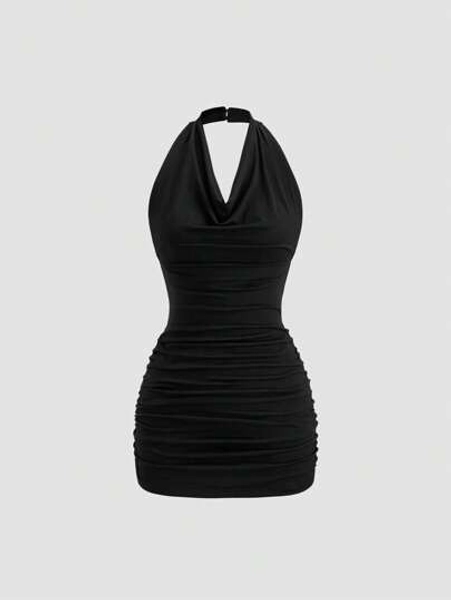 Sweetra Black Plunging Neck Tied Back Open Back Sleeveless Bodycon Mini Dress