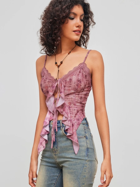 V-neck Floral Tie Front Bow Lace Ruffle Hem Crop Cami Top
