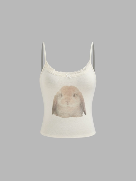 Scoop Neckline Rabbit Graphic Bowknot Lace Trim Cami Top