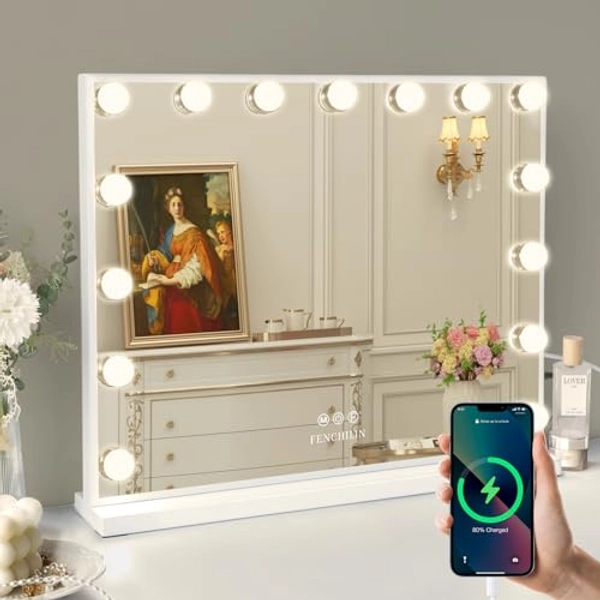 FENCHILIN Vanity Mirror with Lights, 22.8"x 18.1" Hollywood Makeup Mirror with 15 LED Dimmable Bulbs Lighted Vanity Mirror with USB Charging Port 10X Magnification Tabletop for Bedroom