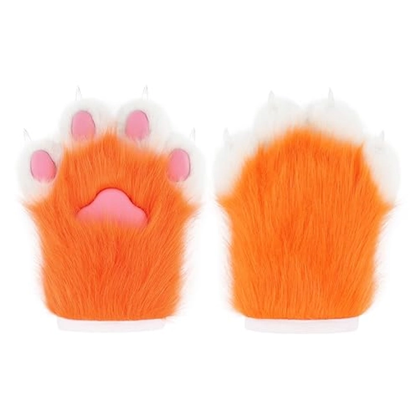 hbbhml Faux Fur Plush Furry Cat Claw Gloves Fursuit Animal Fox Paws Mittens Halloween Cosplay Costume Accessories for Adult