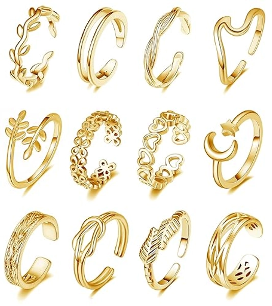 KOHOTA 12PCS 18K Gold Plated Adjustable Toe Rings for women Summer Beach Open Toe Rings Set Flower Arrow Tail Pinky Band Rings Barefoot Foot Jewelry