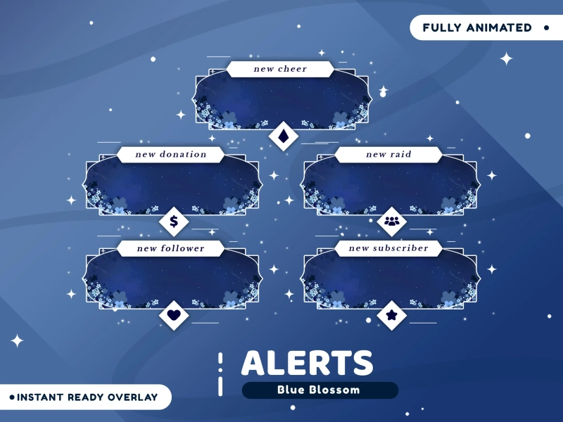 Blue Blossom Animated Stream Alert Package for Twitch Bundle, Blue Theme Alert Design, Streaming Alerts Sakura, YouTube Streaming Alerts