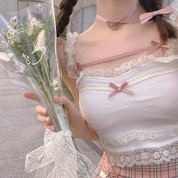Ethereal Nymphette Knit Camisole with Lace Trim and Ribbons