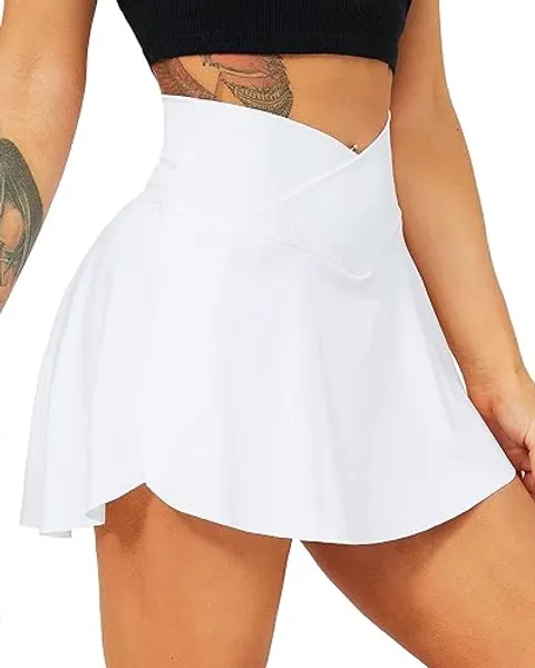 TZLDN Women's Tennis Skirt with Shorts Pockets High Waisted Crossover Pleated Workout Athletic Golf Skorts Skirts - X-Small - A # V-waist - White