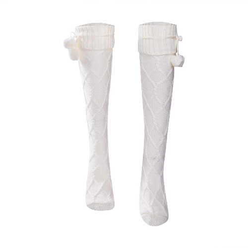 Cable-Knit Cotton Thigh Highs with Pom Poms