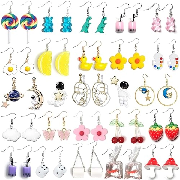24 Pairs Weird Cute Earrings Drop Dangle Earrings for Women Planet Astronaut Moon and Stars Face Dinosaur Bear Lollipop Fish Strawberry Mushroom Flowers Egg and Many More