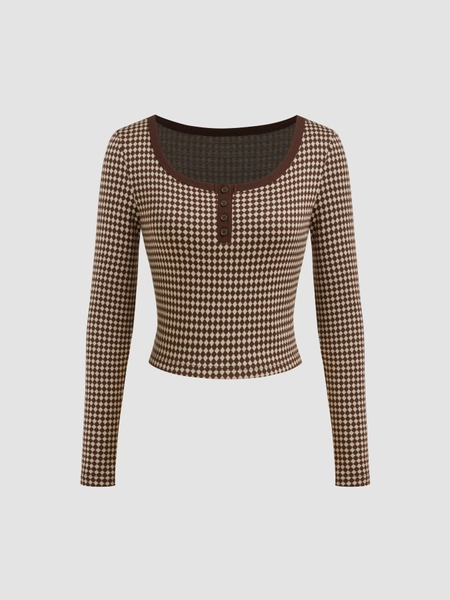 Cotton-blend U-neckline Gingham Long Sleeve Top