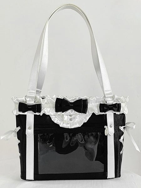 Black&White Bowknot Details Ruffles Trim Lace-up Design Ita Bag
