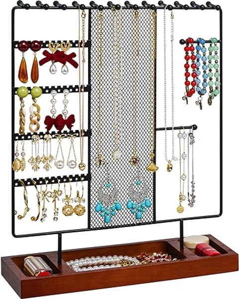 Earring Holder Jewelry Organizer Stand, MetWoods 5-Tier Earring Organizer Necklace Jewelry Display Stand Holder with Earring Metal Grid Plate & Wooden Tray, for Earring Bracelet Necklace Ring (Black)