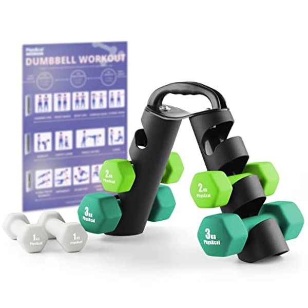 PhysKcal Dumbbells Set of 6 with Carry Rack, Hand Weights & Tree Set for Home Gym Studio Workout
