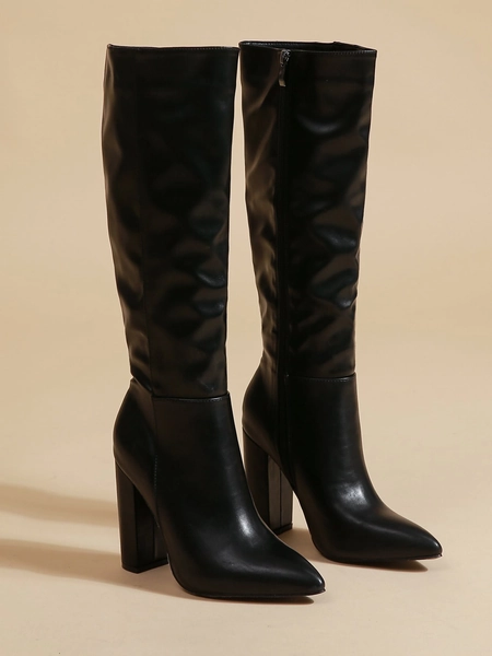Bottes hauteur genou brillant de unicolore pour femmes, bottes au-dessus du genou, bottes mi-mollet, bottes d'hiver à bout pointu et talon épais avec fermeture éclair latérale pour plus de chaleur