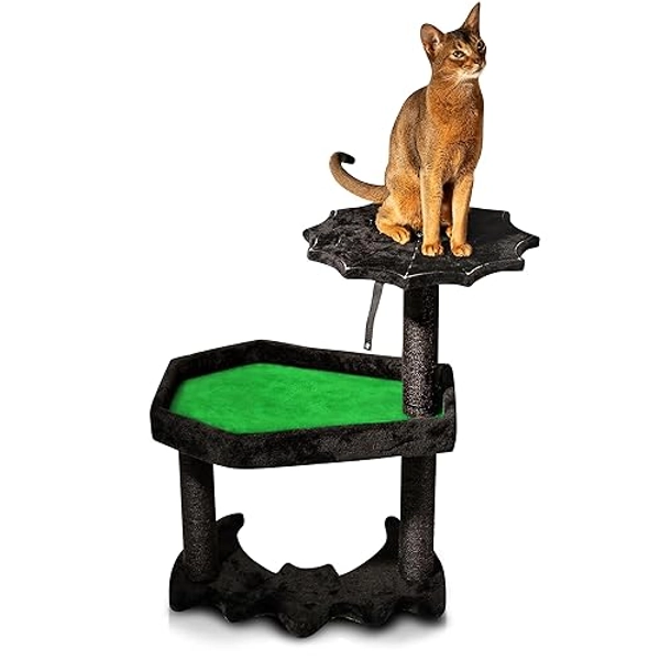 Gothic Cat Tree with Coffin Cat Bed, Gothic Cat Tower, Coffin cat Tree with Sisal Scratching Posts for Halloween cat, Large Size, Black with Green Littlesy