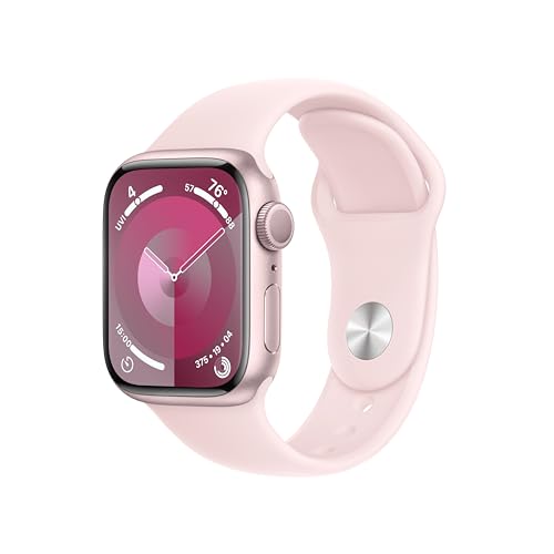 Apple Watch Series 9 [GPS 41mm] Smartwatch with Pink Aluminum Case with Light Pink Sport Band S/M. Fitness Tracker, ECG Apps, Always-On Retina Display, Water Resistant - Pink Aluminum Case with Light Pink Sport Band - 41mm - S/M - fits 130–180mm wrists