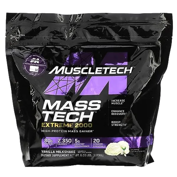 Muscletech High-Protein Mass Gainer (Vanilla Milkshake, 6LB) - Mass Tech Extreme 2000 Mass Gainer Protein Powder Supplement - Weight Gainer for Increase Muscle, Enhanced Recovery & Strength - Vanilla Milkshake - 6 Pound (Pack of 1)