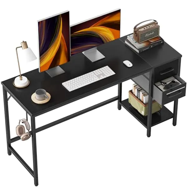 Cubiker Computer Home Office Desk with Drawers, 140x60 cm Small Desk Study Writing Table, Modern Simple PC Desk, Black