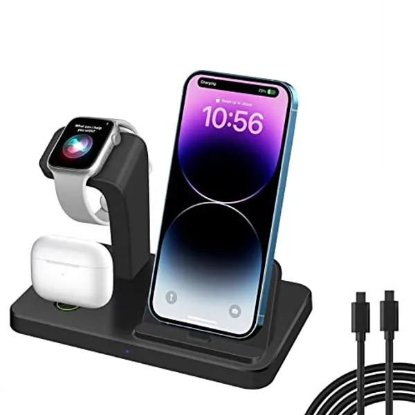 FDGAO Charging Station for Multiple Devices, 3 in 1 Wireless Charger Stand for Apple Watch Series 8/7/6/5/4/3/2/SE Fast Phone Charging Dock for Airpods & iPhone 14 13 12 11 Pro Max XS XR 8 7 6s