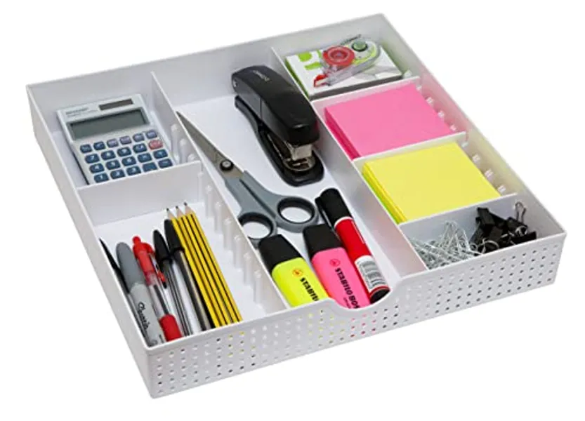 Amtido Drawer Organiser Tray for Office Stationary Supplies & Accessories - Desk Tidy Storage Box – 3 Compartments with 4 Adjustable Dividers – White