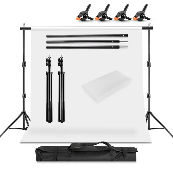 YORKING Backdrop Stand Kit 2 * 2m(6.5 * 6.5ft) Adjustable Background Support Stand Backdrop Support Kit with 3m x 1.6m White Photography Backdrop Carrying Bag and 4 Clamps
