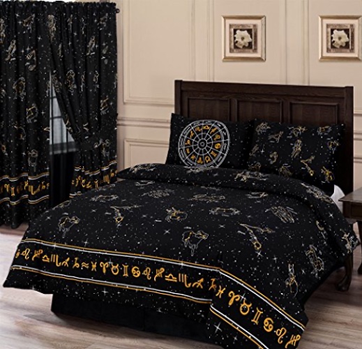 My Home Double Bed Celestial, Duvet/Quilt Cover Set, Horoscopes Constellations Night Sky Stars Zodiac Signs, Black White Yellow