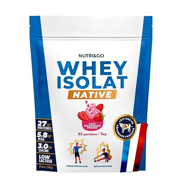 NUTRI & CO Whey Isolate Native - Jusqu’à 94% de Protéines - Pur Lait Français Low Lactose Digestion Facile - Riche en BCAA - Prise de Masse & Musculation - 1kg 33 portions goût Milkshake Fraise - Fraise - 1 kg